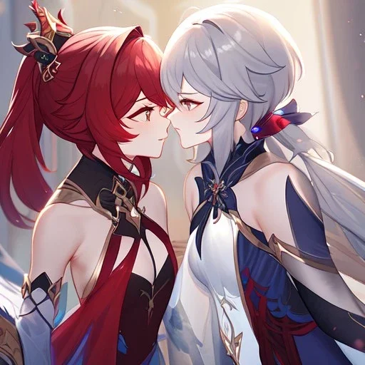 High quality, Detailed, 1girls, looking at eachother very angrily, wearing a genshin inspired outfit, the outfit has some holes, the outfit also has a very see through fabric, grey hair with on ponytail, red hair, about to kiss