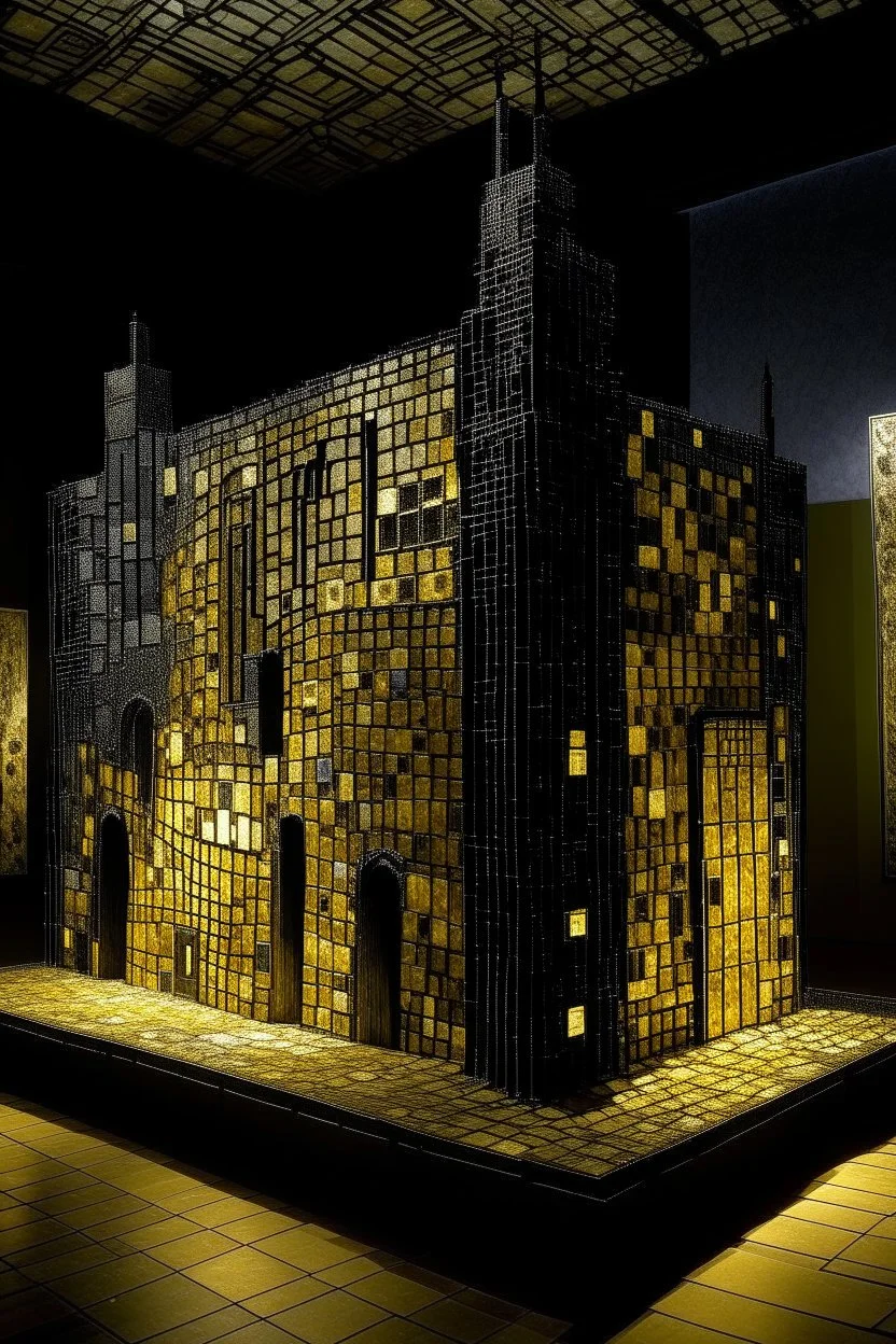 A black castle made out of steel in a chaotic shadow realm designed in ancient Greek mosaics painted by Gustav Klimt
