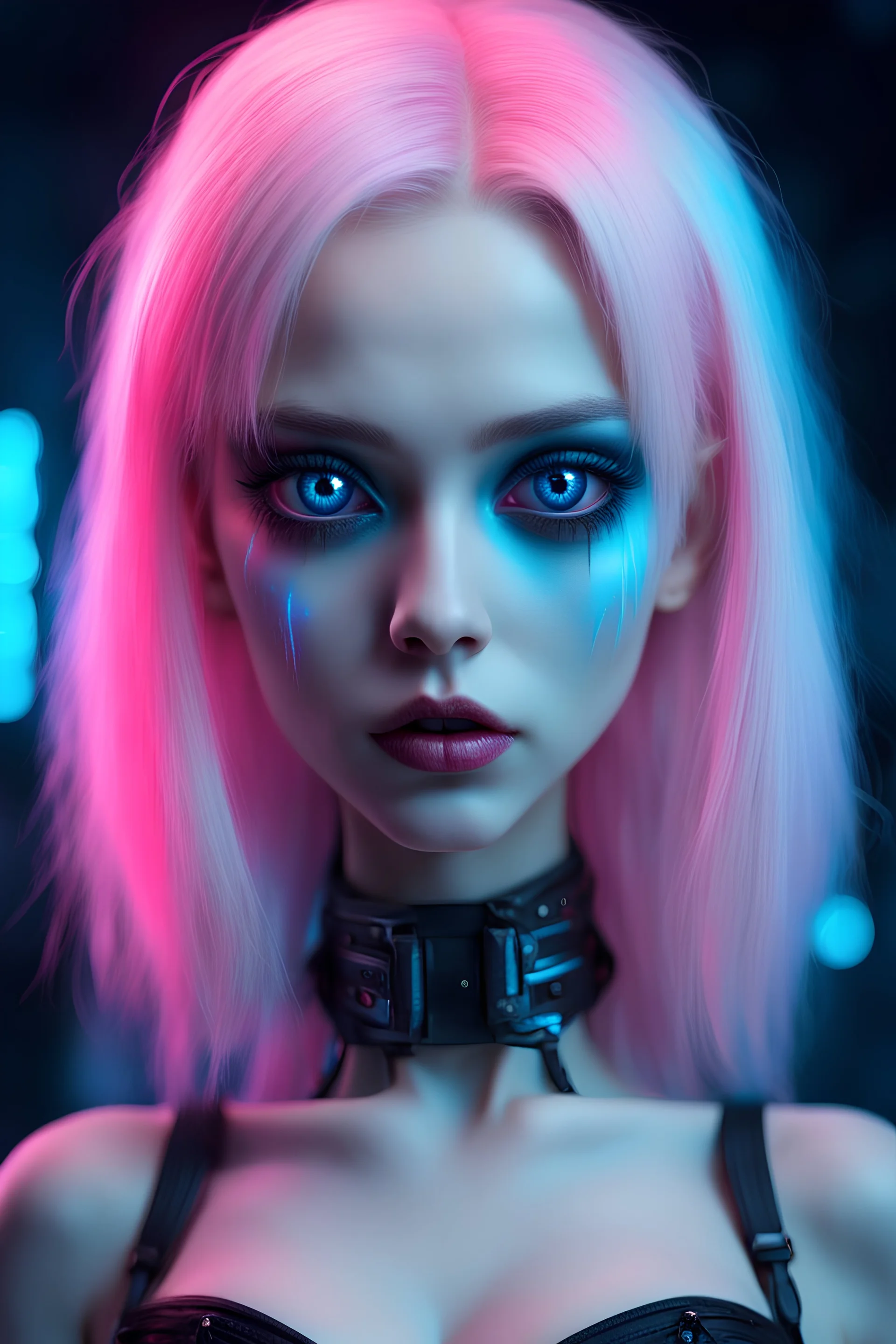 Cute sexy sexy pose vampire email albino detailed large eyes with neon fluorescent colored eyes pink and blue, 8k, finely detailed, dark light, photo realistic, cyberpunk gothic emo girl ,award-winningorror, nightmare, insane graphics, perfect lighting in shado