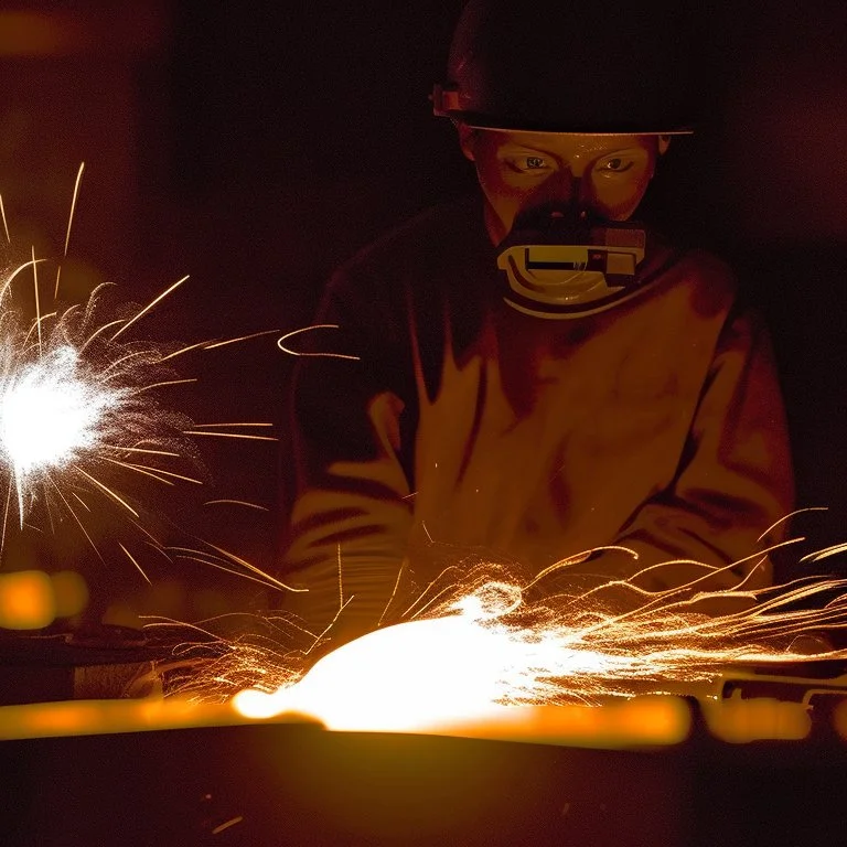 Imagen realista y dramática de una trabajador en una fábrica de fundición rodeado de las chispas que saltan, en medio de la penumbra, primer plano del trabajador mirando la pieza que funde. Fotografía periodística realizada con una cámara Leica y un objetivo de 50 mm