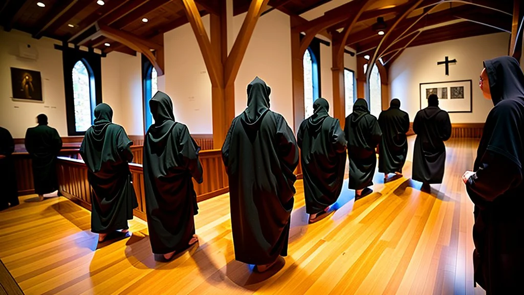 black robe hooded monks in the chapel