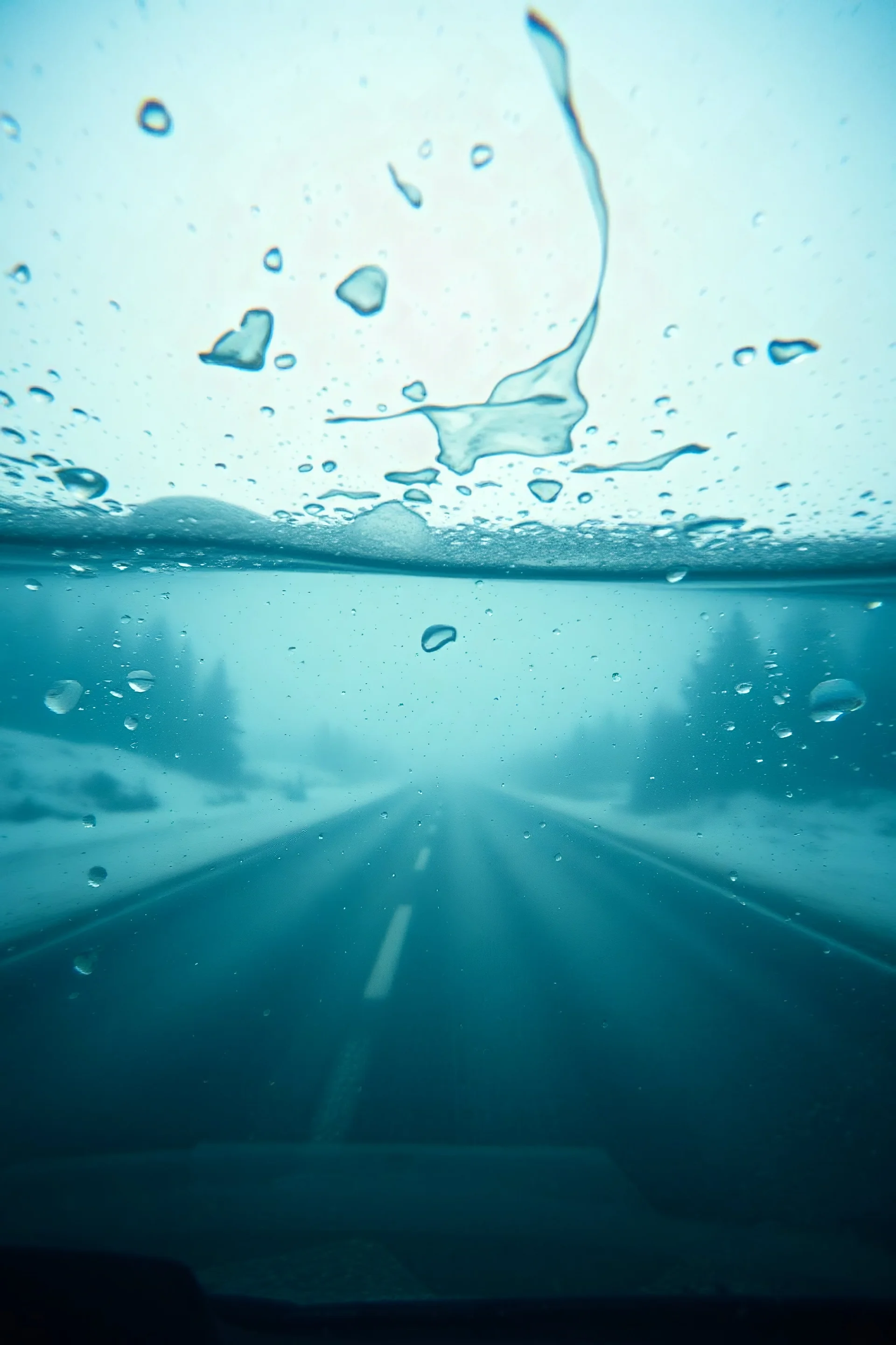 surreal road underwater seen through a dirty truck front window, dirty blue snow and wind