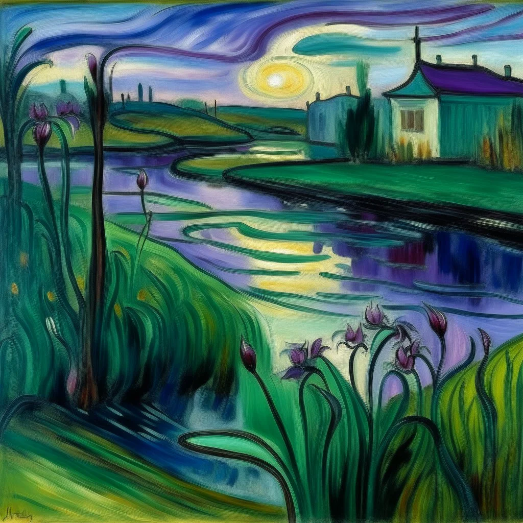 A swamp with purple lilies near a small town painted by Edvard Munch