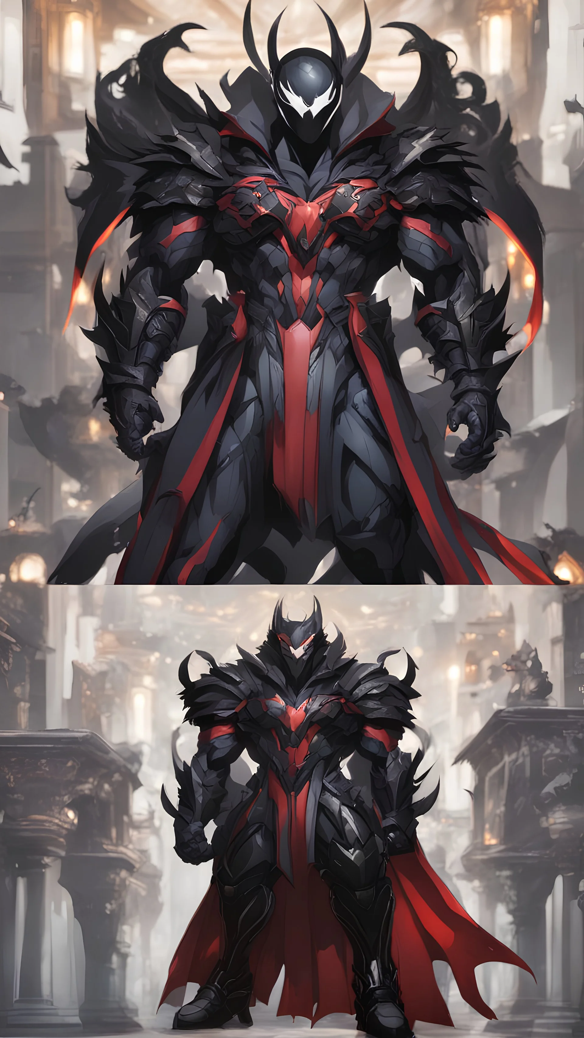 Rainhard suit mix with venom symbiote in solo leveling shadow artstyle, rainhard armor, demon lord them, intricate details, highly detailed, high details