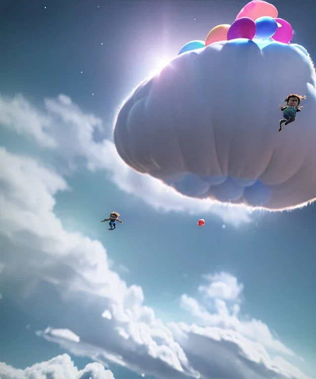 Ultra realistic speed clouds sky scene, wide angle view, sweet childs falling down, inflatable color clothing, free jumping flying, many trinkets, monster head, hair monster, many jelly beans, balls, smile, happy, circus style, extreme, wind, clouds sea, 20,000 feet altitude, stratosphere, soft color, highly detailed, unreal engine 5, ray tracing, RTX, lumen lighting, ultra detail, volumetric lighting, 3d, finely drawn, high definition, high resolution.