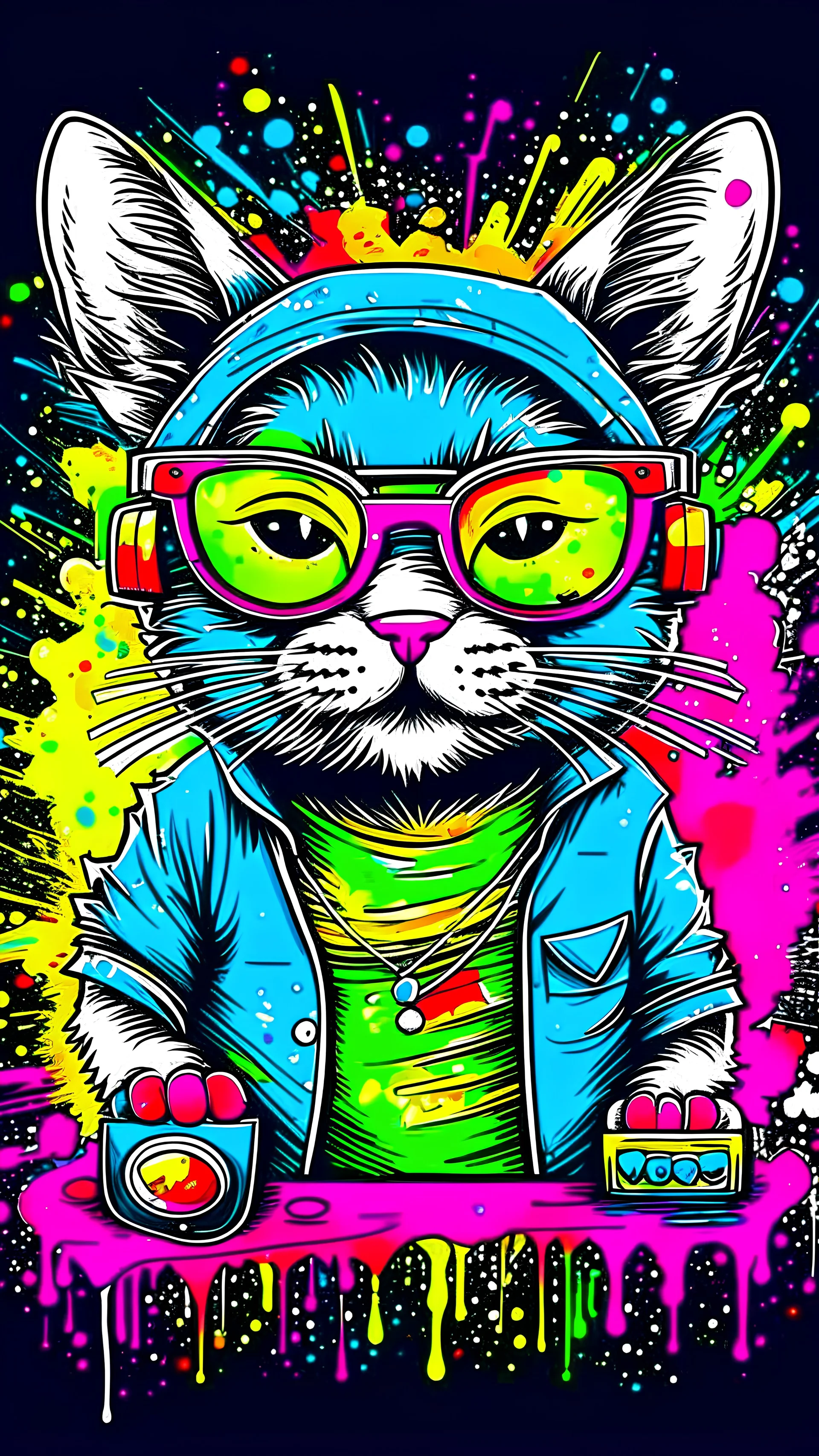 vector t-shirt art ready to print colourful graffiti illustration of an cat,playing cards, wearing sunglass, full body,action shot, vibrant color, hip hop, high detail