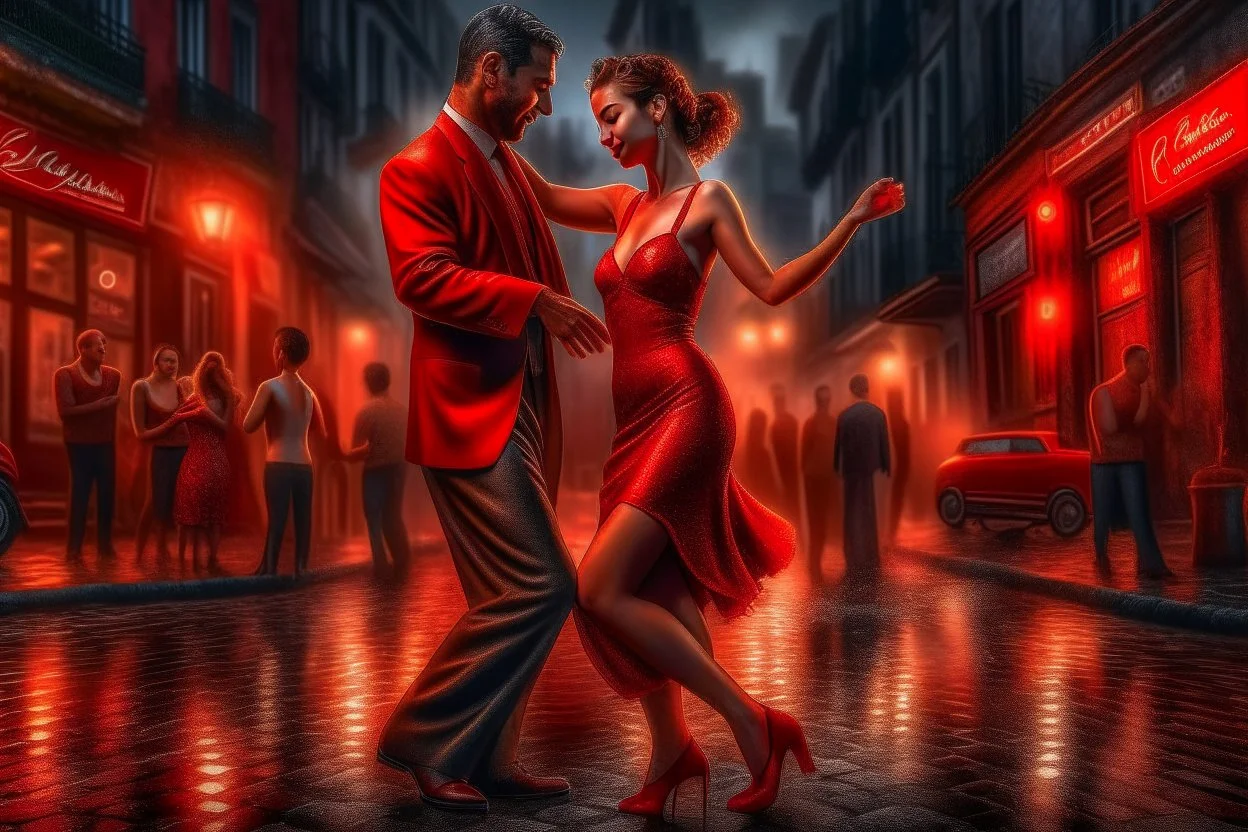 a very happy and energetic man and woman couple dancing beautiful latin tango on the street in the morning in the rain, extremely feel the music, passion, magic of music, glamorous deep red silk dress Sunrise movie poster intricate artwork masterpiece trending cgsociety intricate extremely detailed vivid , ultra high quality model, stunning, perfect composition award winning image