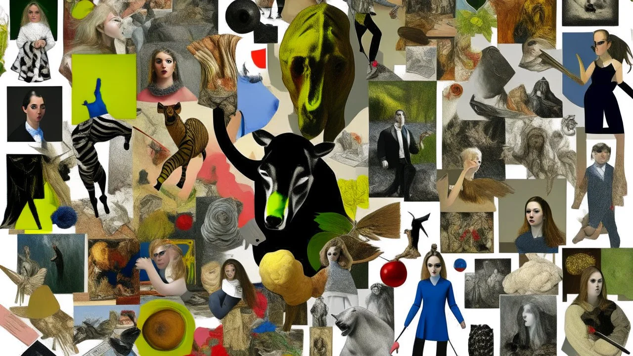 Collage of various elements including classic art, animals, people and abstract textures in a chaotic arrangement.