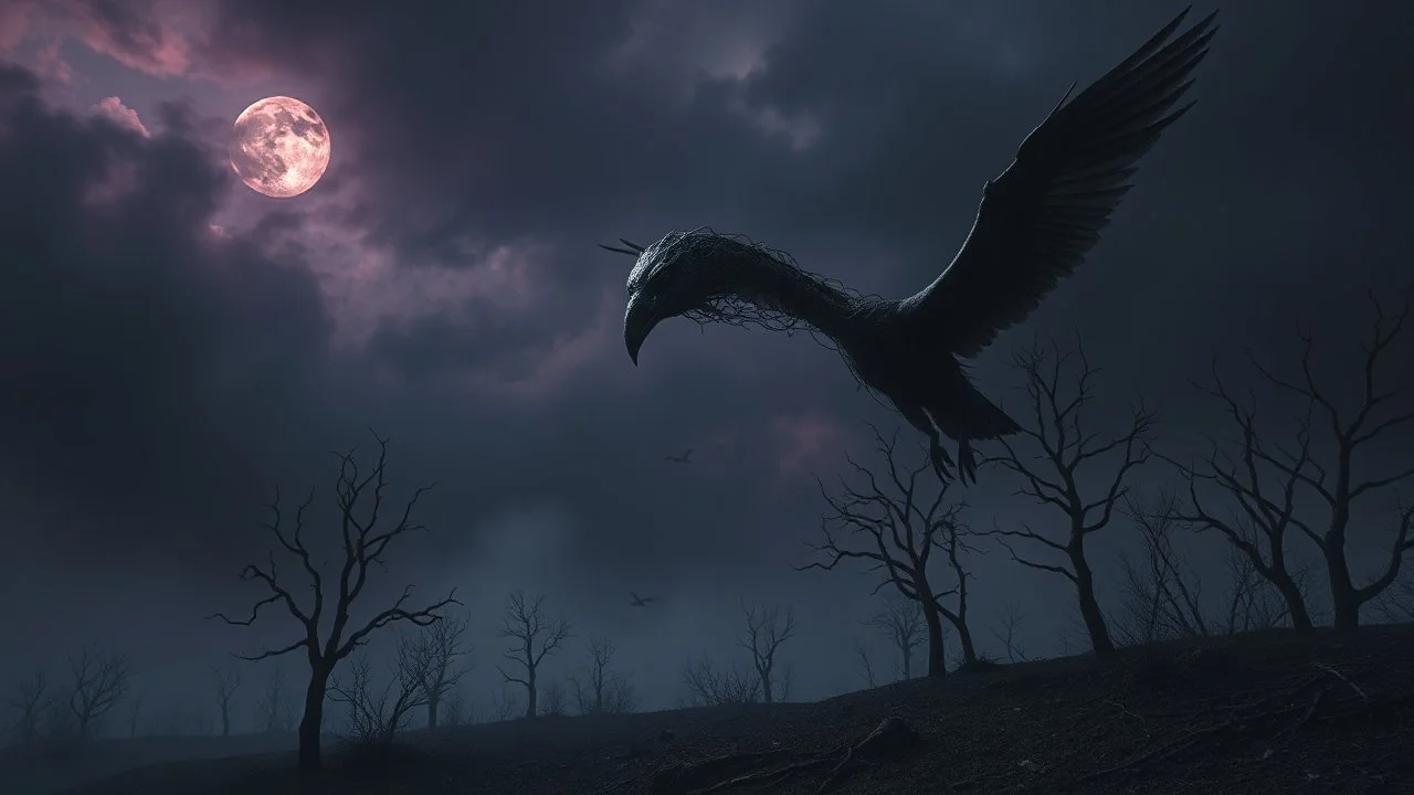 close in center weird crepy bird creature and and far away on sky different small dark crepy birds surreal thriller vibe trees in alternative surreal barren, dry, gloomy world, nightmare in abyss, deep vortex, black, gray, purple, brown, silver, dark red colors, surreal, weird dark fantasy, deep dark colors, sharp lines, crepy stunning, high detalied, weird, fog, shadows, realistic, surreal, highly detailed, melancholic thriller mood