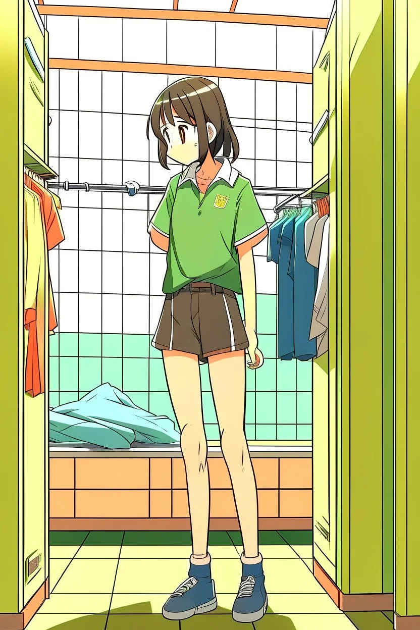 anime girl in a changing room wearing short-shorts and putting on her shirt