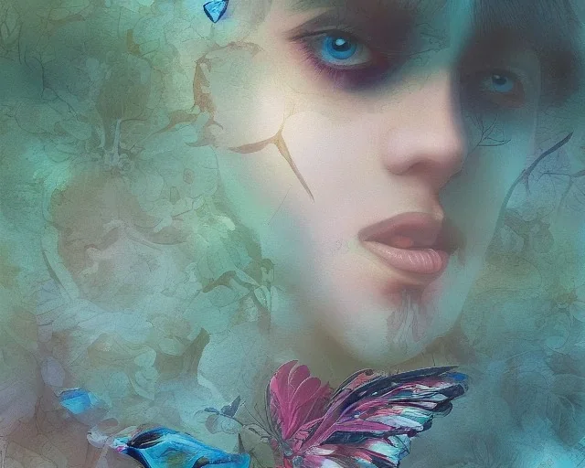 Beautiful mystical butterfly portrait, dark fantasy, romanticism, acrylic paint, chinese painting, magazine, highly detailed, ethereal, otherworldly, backlighting, rays of shimmering light, persian empire, artstation, silver, purple, black, teal, aqua, yellow, olive, vibrant, intricate,