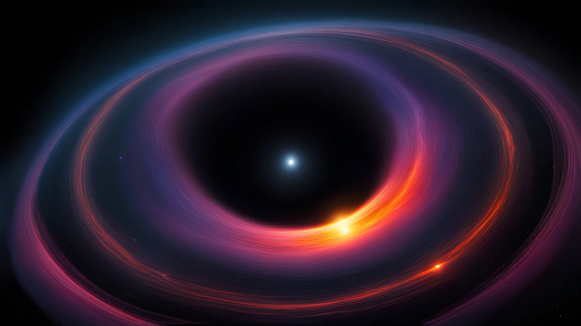 orbiting a black hole from a trillion miles away, peaceful, colorful, dark, ominous, beautiful abyss, vivid, dozens of rings and a large star getting sucked in