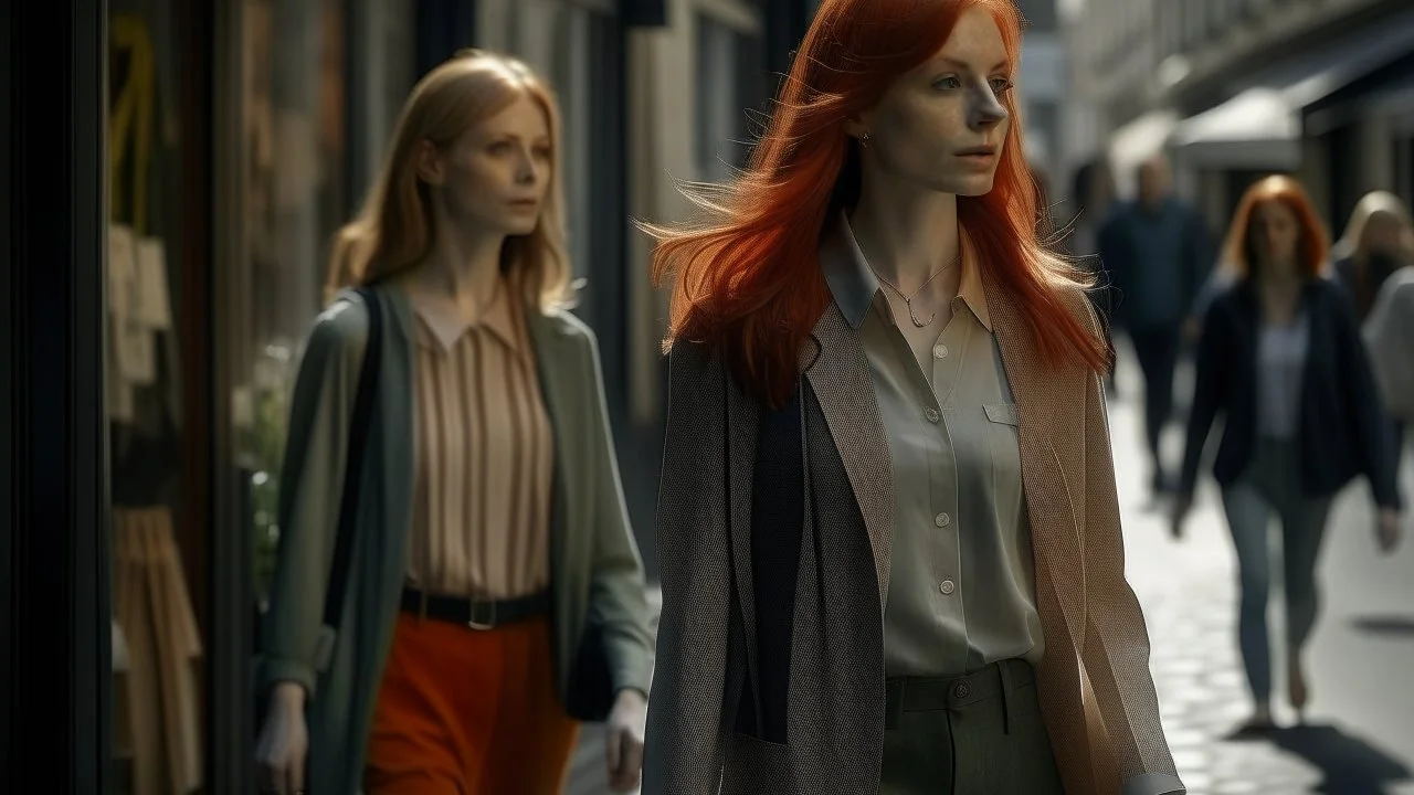 shoulder-length red-haired woman walking along a street full of shops, with a translucent woman following her