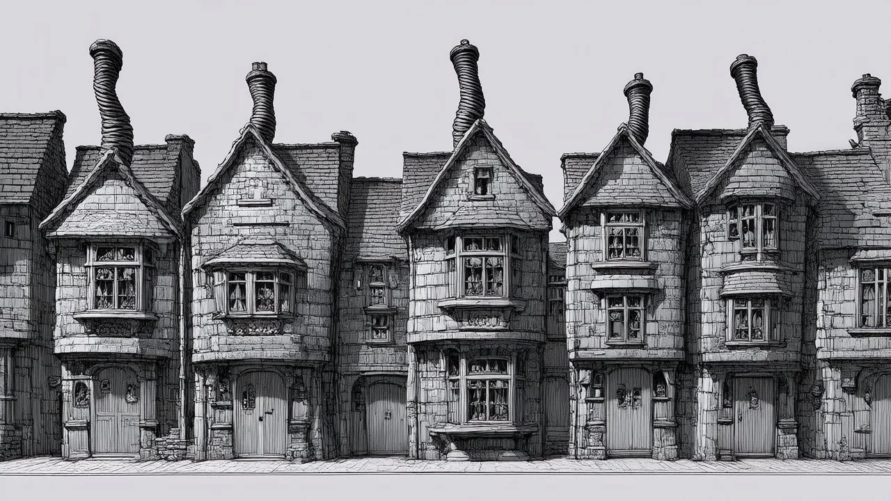 A highly detailed front elevation line drawing of a row of crooked fantasy houses, with twisted tall chimneys, rooms and floors added to sides and roofs, like Harry Potter's Diagon Alley.