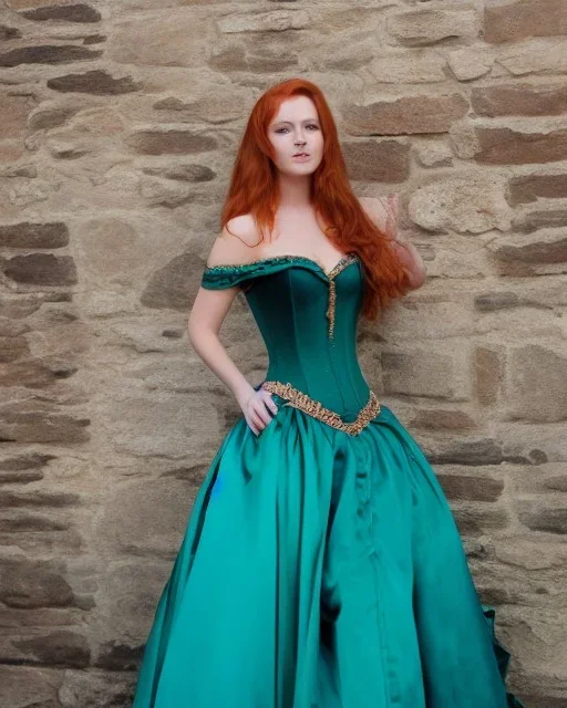 princess with long auburn hair in a big teal green and gold satin ballgown corset off shoulder top in a castle