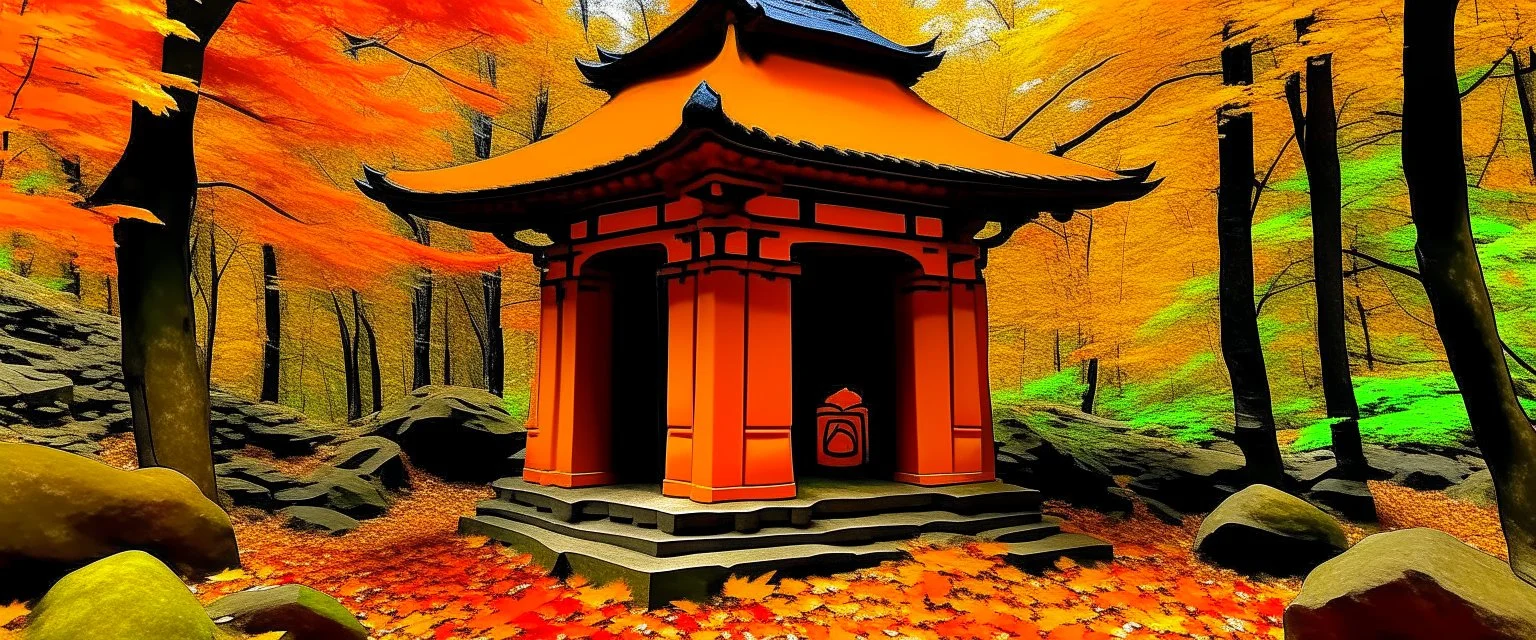 An orange colored ninja temple in an autumn forest designed in cave paintings painted by Frank Lloyd Wright