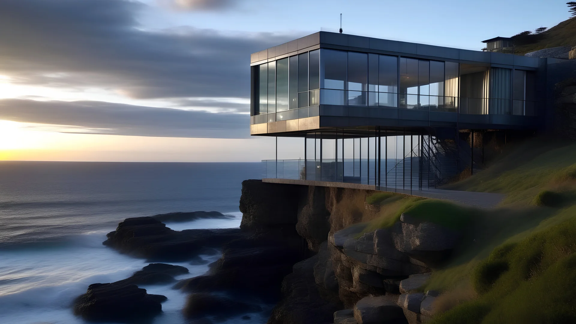A modern glass and steel home perched on top of a rocky cliff overlooking the ocean at dusk