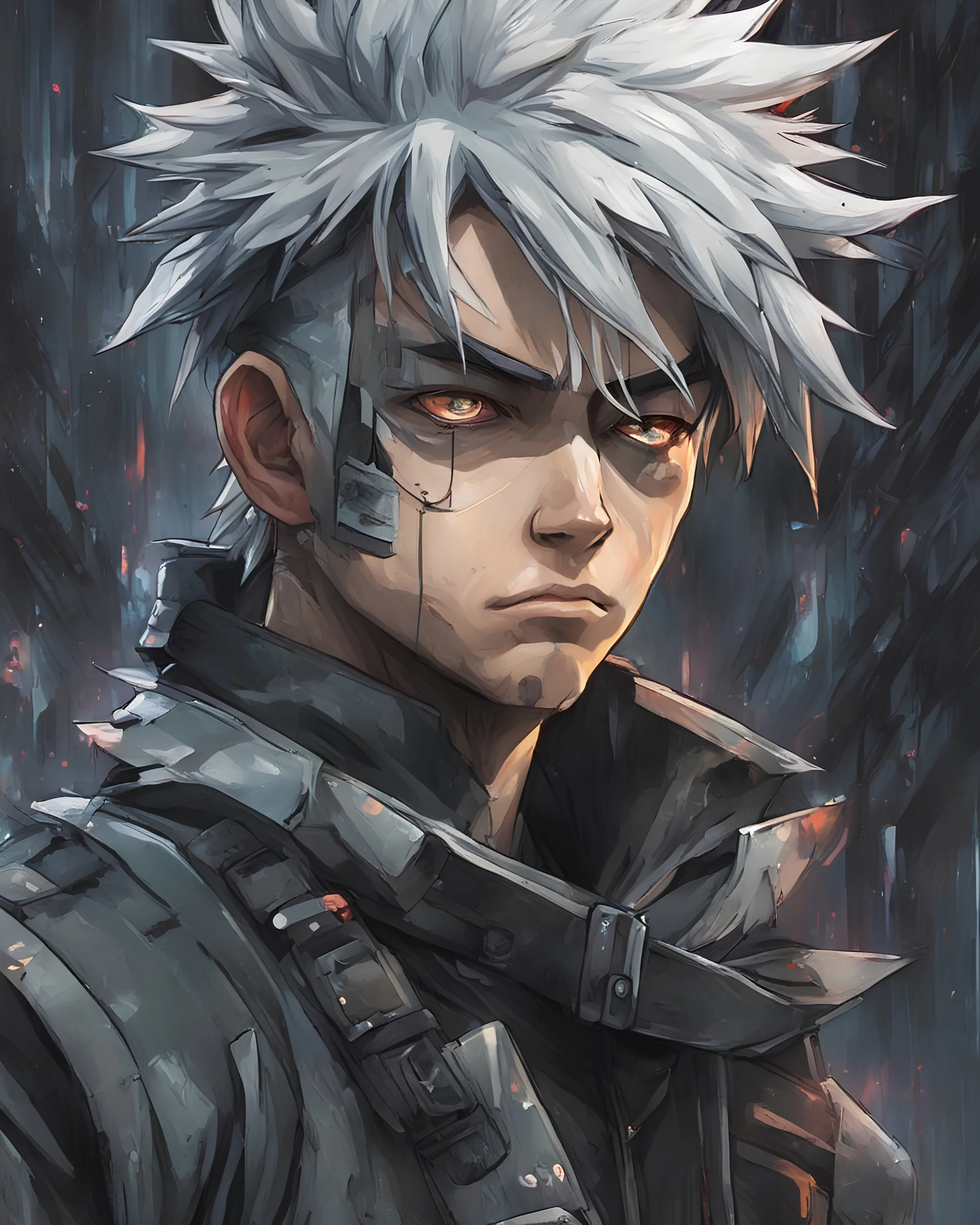 Beautiful fantasy painting of Kakashi Hatake, in the style of cyberpunk manga, richly detailed genre paintings, nightcore, spiral group, dark aesthetic, smashed glass, 32k uhd, eye-catching tags