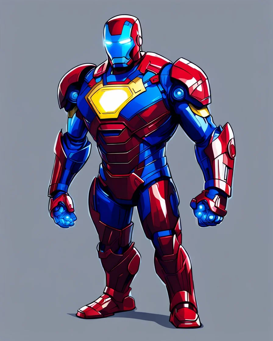 Super Iron Man, blue and red and yellow armor,