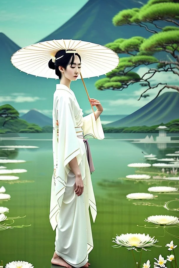 serene and captivating scene of a graceful Japanese woman dressed in an exquisitely designed white kimono adorned with colorful flower patterns. She gently carries a traditional Japanese umbrella as she walks towards a majestic temple. The background showcases a breathtaking panorama of the viewer's landscape, with the temple appearing in the distance. Surrounding the temple, lush green plants and blooming flowers add a touch of vibrant color amidst the pastel yellow and orange hues of the sunri