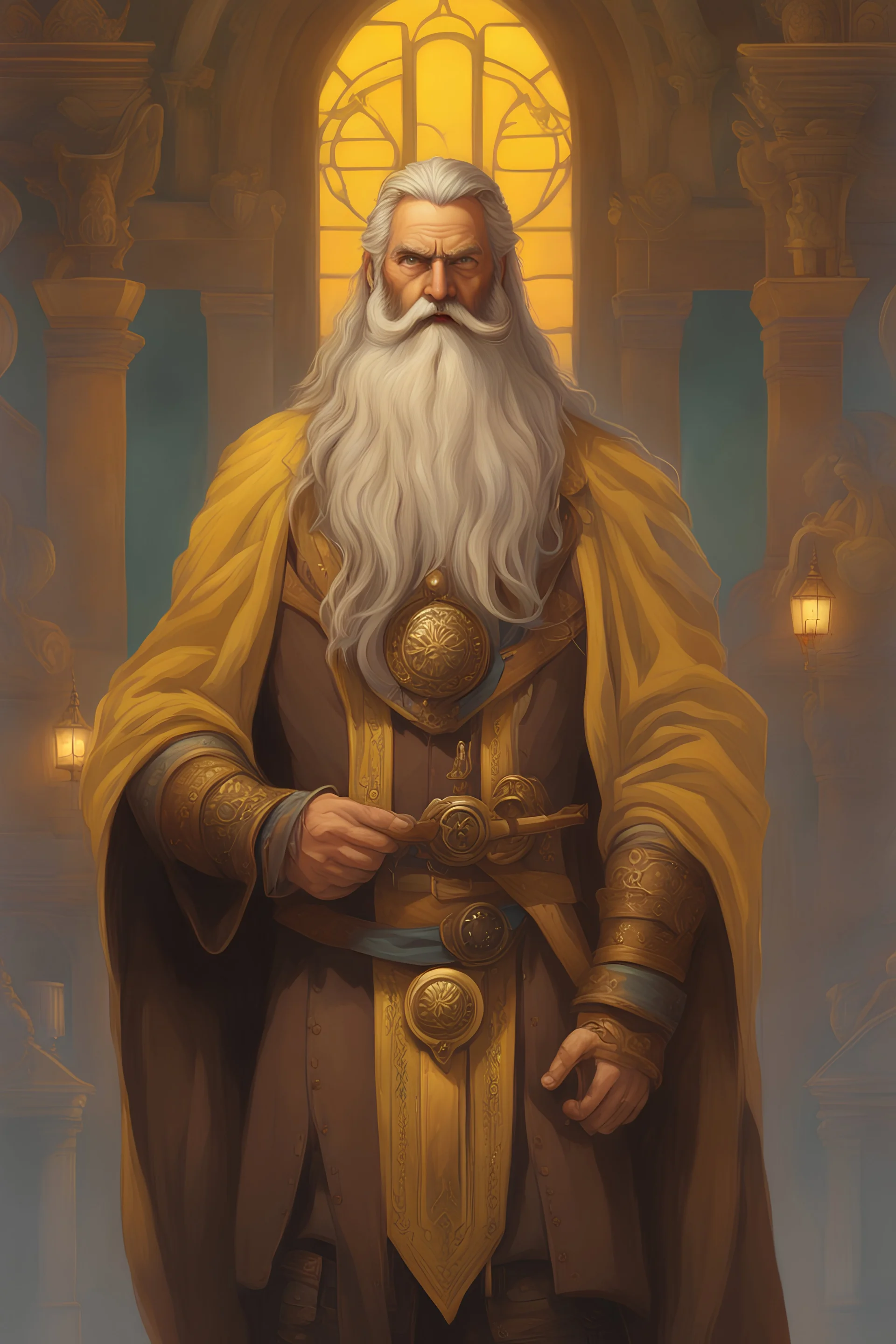 big man in a poor mans dark brown travelers cloth. he has long, unruly yellow hair and unruly yellow beard. show all of the head. anatomically correct hands. perfect hands. fantasy setting. concept art, mid shot, intricately detailed, color depth, dramatic, 2/3 face angle, side light, colorful background. Style of Julie Bell