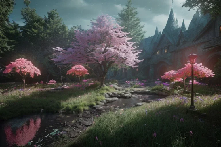 Immersive​ fantasy elven town in the deep green forest with beautiful flower pink tree