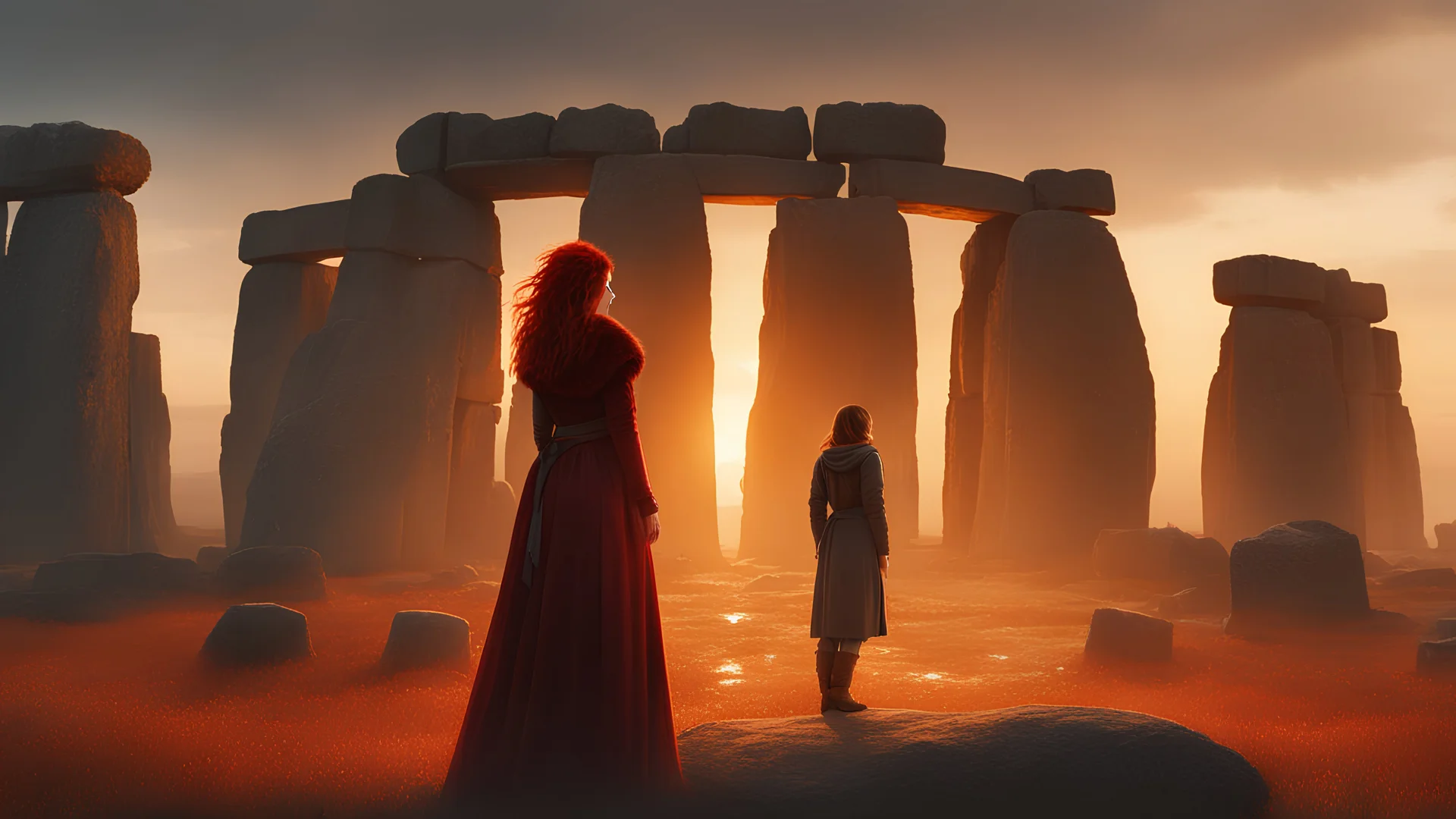 Full body shot of a tall slim red-headed young woman, dressed like a gipsy, standing in front of Stonehenge in a flaming circle, Raphael Lacoste