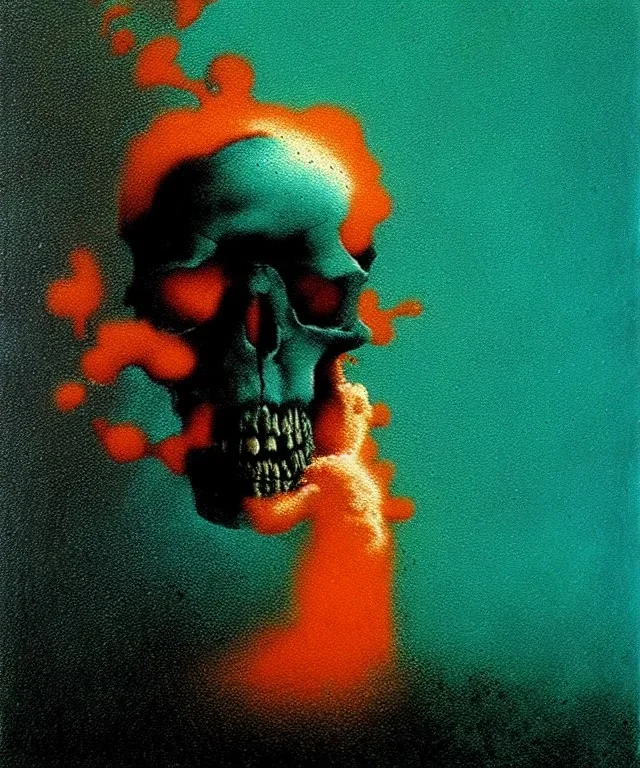 broken skull. black background. smoke and explode. particles in air. teal and orange. abstract. beksinski.