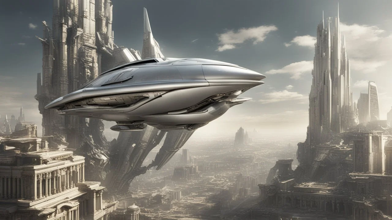 a photorealistic sleek silver spaceship flying over a futuristic ruined city