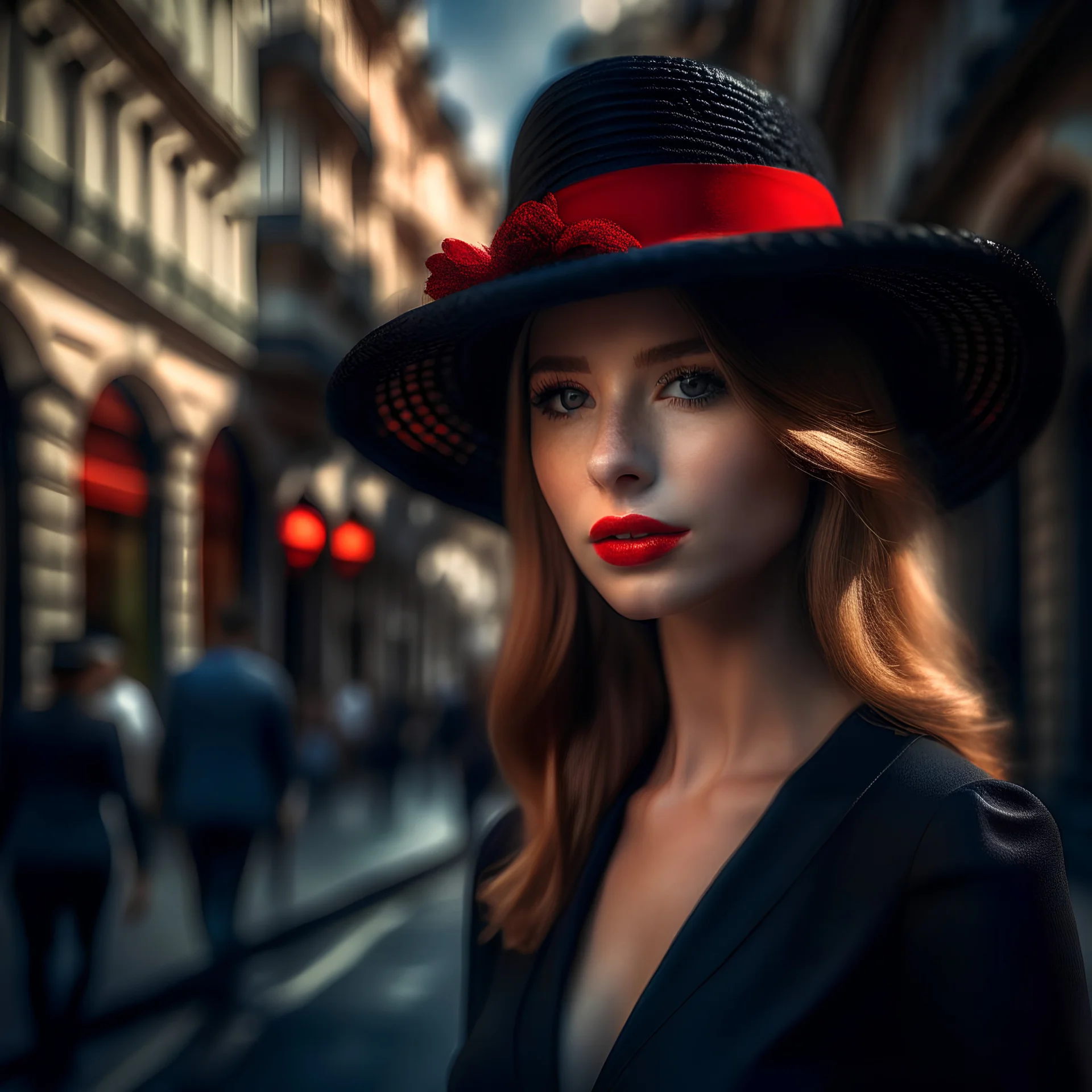 face beatiful woman walking on the streets of Paris, wearing long lelegant black dress and beautiful hair, wearing elegant red hat,Unique highly detailed complex masterpiece, graphics HD, super 8k resolution, perfect composition, beautiful detailed intricate insanely detailed octane render trending on artstation, 8 k artistic photography, photorealistic concept art, soft natural volumetric cinematic perfect light, nchiaroscuro, award - winning photograph, masterpiece, oil on canvas,