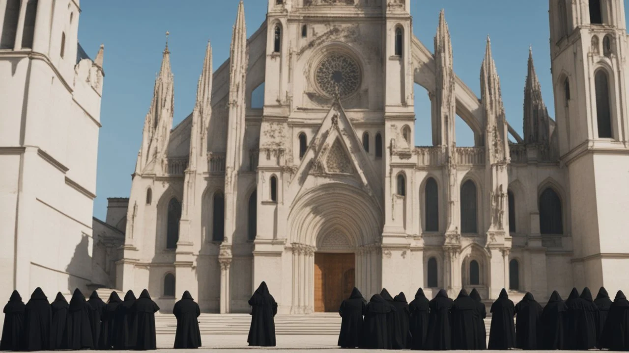 hooded monks in black robes in front of cathedral