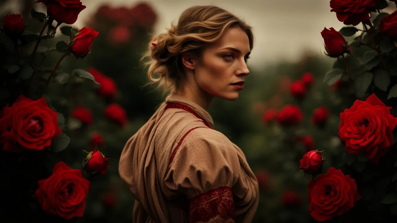 back to the camera a dark blonde young woman in old hungarian pale brown villager cloths and headscarf stands in front of the nice red rose bush, und dark red running roses around, high detalied, sharp focus, high realistic, perfect photo