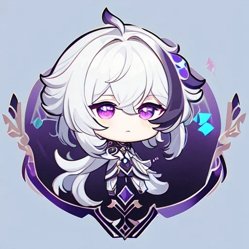 Genshin woman, Clear Focus High resolution, Calm Background, Light skinned woman, Black long beatiful hair, Purple sparkling eyes, Very Beatiful Face, Chibi art