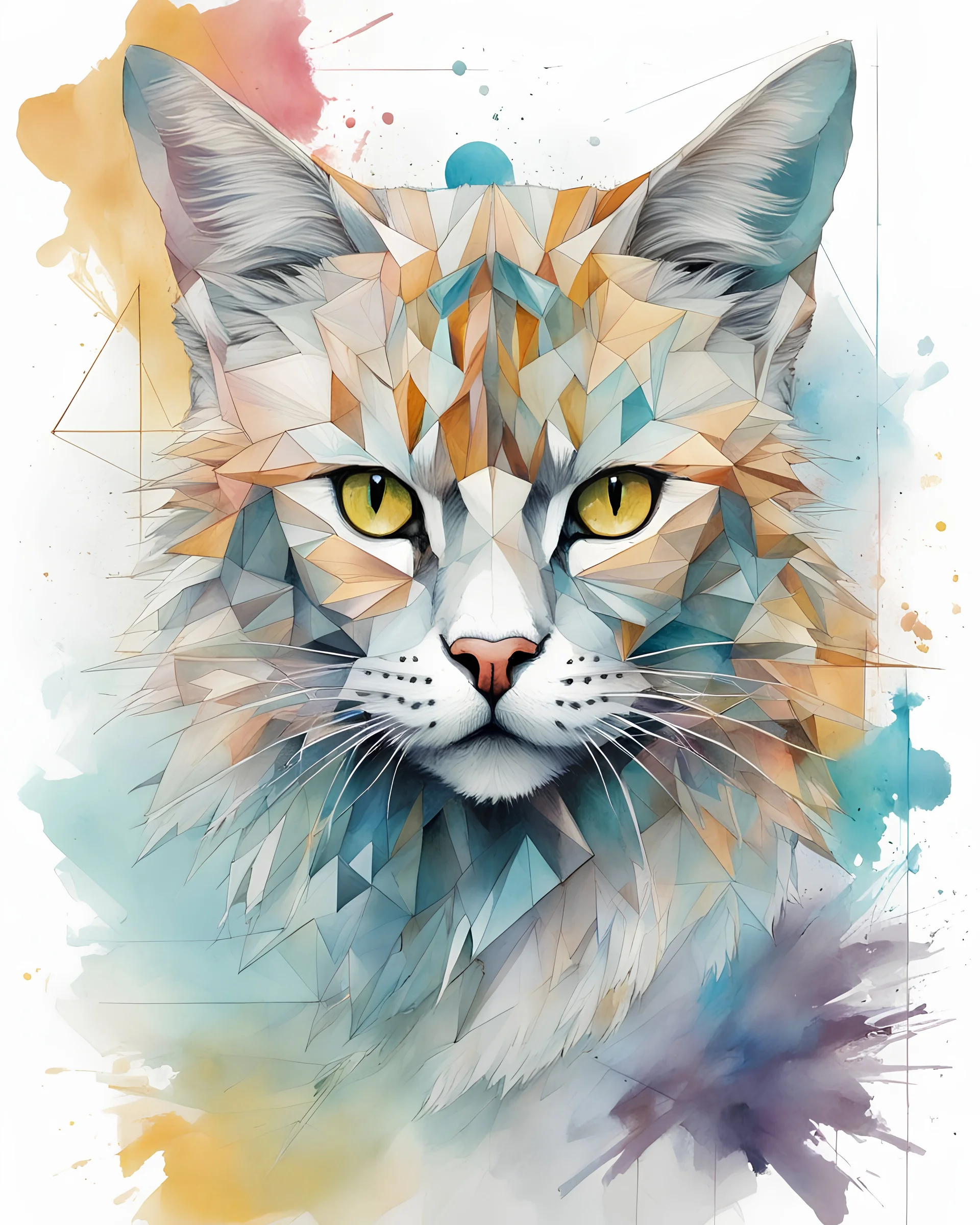 action illustration of 3 cats colorful, geometric forms, triangles, intricate, elegant,style of Carne Griffiths artllustration, croma conc Semi realistic,