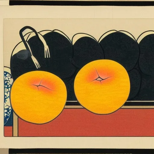 Ukiyo-e style illustration of three peaches stilllife