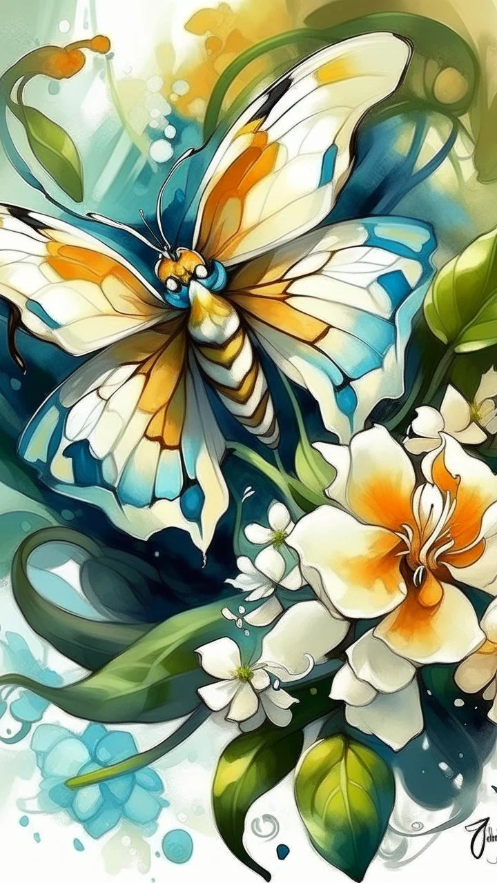 dnd, fantasy, watercolour, humongous strokes, stylistic, illustration, furry, a butterfly and jasmine flower