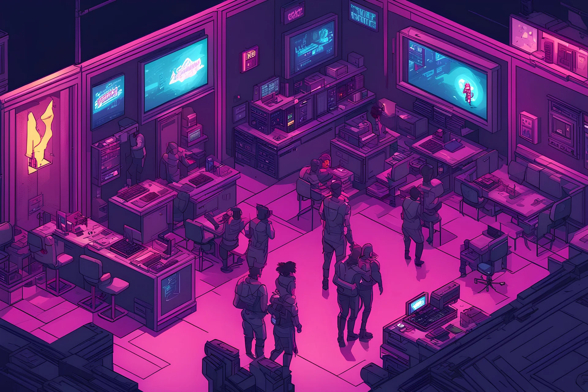 isometric, video game, cyberpunk, strip club, comic book art style, night time,