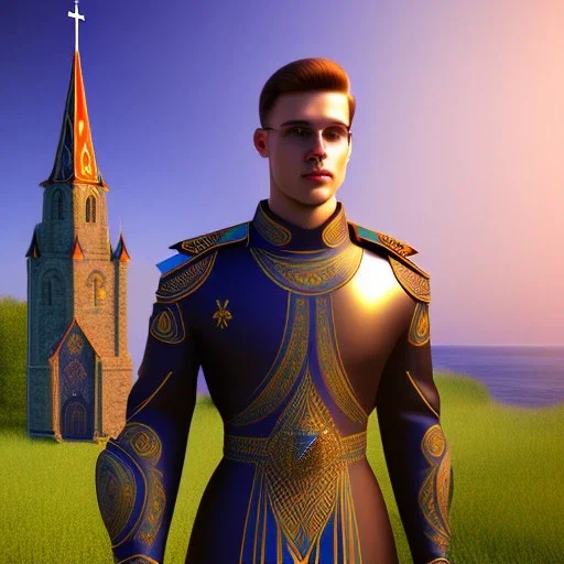 A handsome npc standing in front of a church, futuristic design, a paradise in background