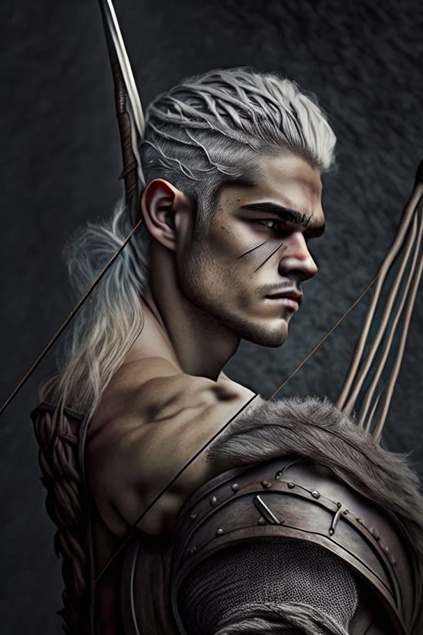 gladiator gray hair young medieval man with a longbow