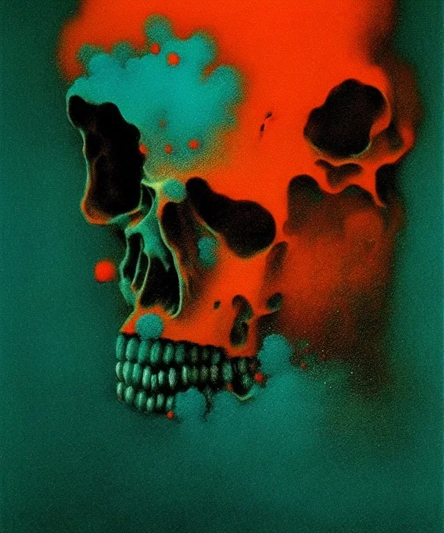 broken skull. black background. smoke and explode. particles in air. teal and orange. abstract. beksinski.