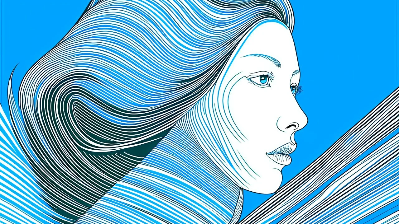 A surreal illustration of a woman with hair made of lines, in blue and white colors, in the style of Kazumasa Nagai.