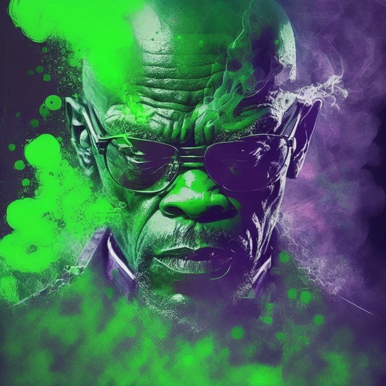 Samuel l jackson, mutando en un skrull, depresive green abstract digital art obscure smoke london dramatic