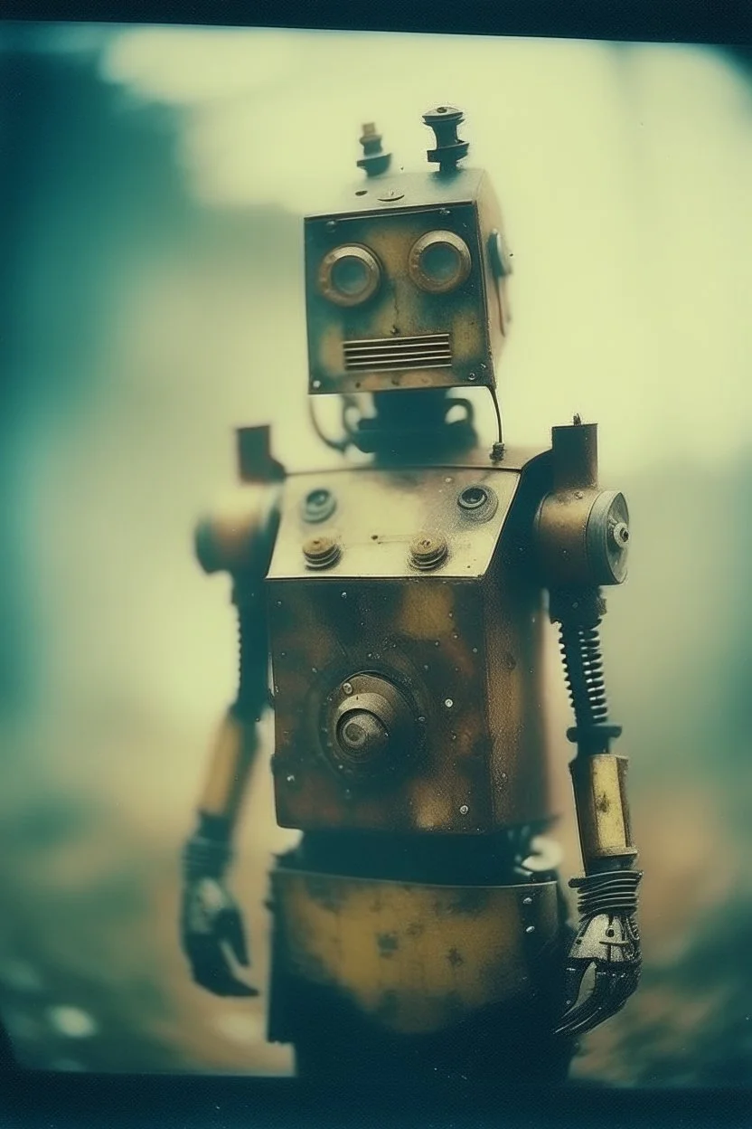 steampunk, vintage analog polaroid of a woman robot, female body, fog, lomography, heavy film grain, rain, color bleed, depth of field, bokeh, retro
