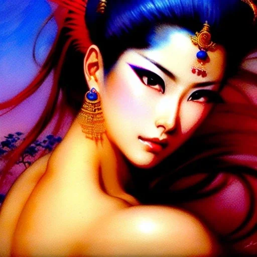 Drawing of beautiful face,busty Mai Shiranui (Fatal Fury),intense stare,Minimal ancient armor, balanciaga fashion clothe painting by gaston bussiere, greg rutkowski, yoji shinkawa, yoshitaka amano, tsutomu nihei, donato giancola, tim hildebrandt, oil on canvas, cinematic composition, extreme detail,fit full head inside picture,16k