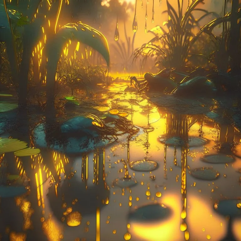 fantasy jungle at sunset, puddles on ground, covered with glowing yellow honey, photorealistic, unreal engine 5, masterpiece, trending on artstation, sharp focus