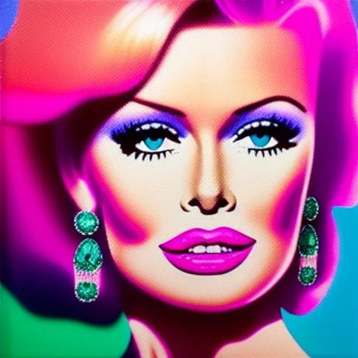 portrait in oil of busty beautiful BRIGITTE BARDOT, purpurin, minimal skintight latex pink dress, gradient color, BLUE, PINK, CYAN, neon, insanely detailed, 16k resolution,with big crystal clear green eyes looking to viewer,realistic,intrincate detail, with ruby necklace by Adam hughes 16k