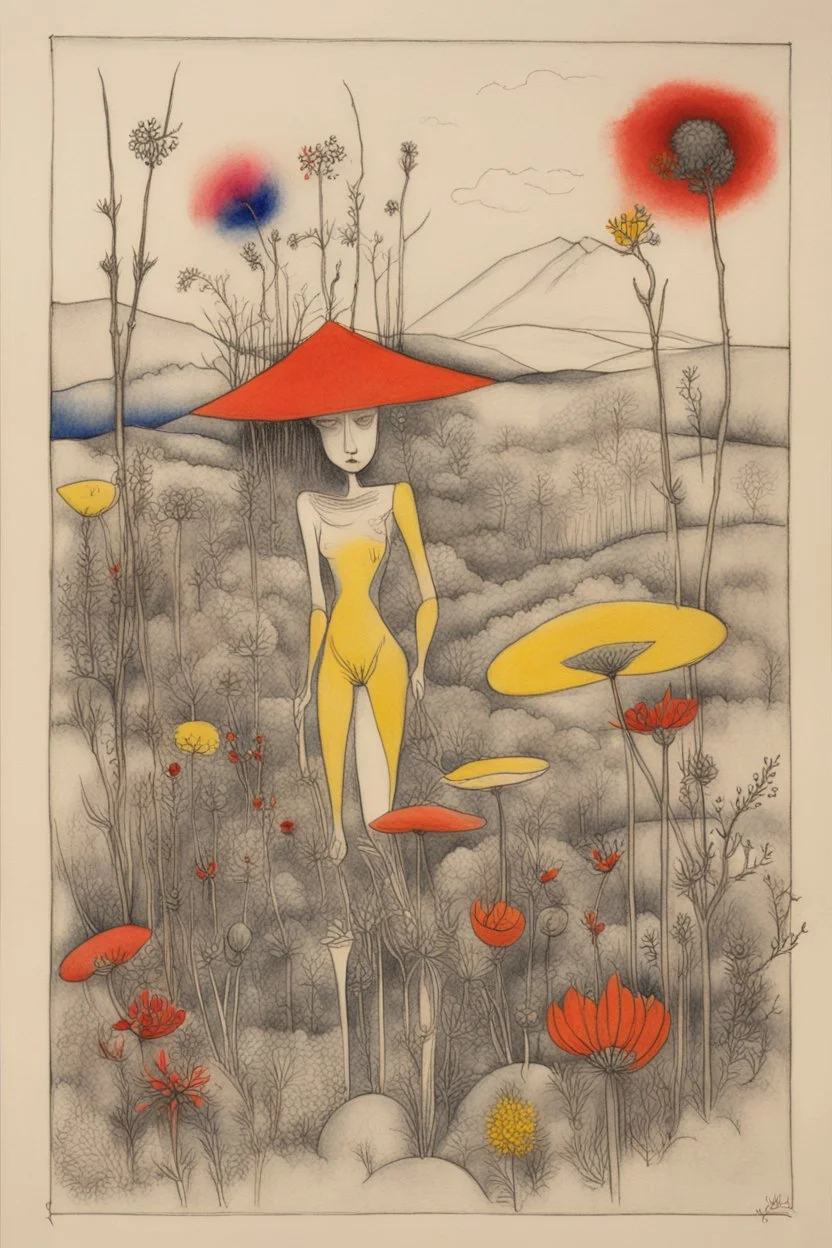 Schiță în creion de Jean Cocteau reprezentand o imagine pe temanatura statica cu flori de camp , cu culori primare tari, fantezie de înaltă definiție calitate clară, stiluri de Utagawa Hiroshige, Paul Klee Dee Nickerson și Tim Burton, acuarelă topită și contururi de cerneală neagră pe hârtie umedă, linii moi, umbrite