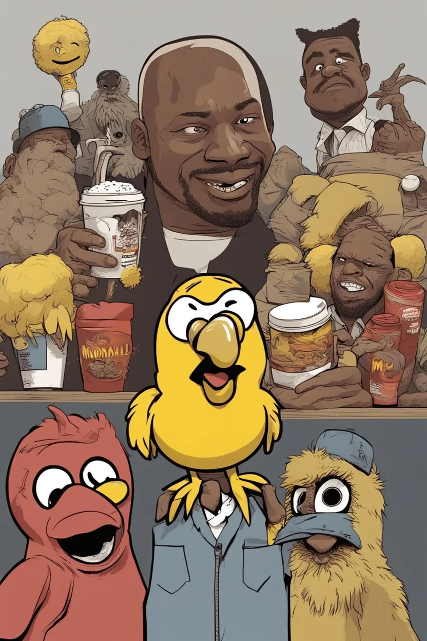 The Walking Dead x Tyler the Creator x The Character Happy is the current mascot for McDonald's Happy Meals and PlayPlaces. x Big Bird from Elmore Street x Fat black and white cat x Charlie from it’s always sunny in Philadelphia x Comic Book Art.