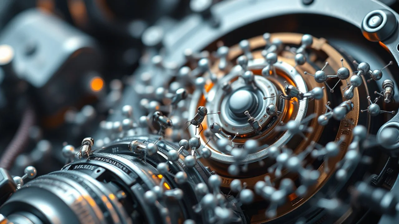 A highly detailed close-up of a swarm of nanobots repairing a complex piece of machinery. The tiny robots work together in perfect synchronization, their actions guided by a central AI system. Award-winning photograph, beautiful composition, exquisite detail and illumination