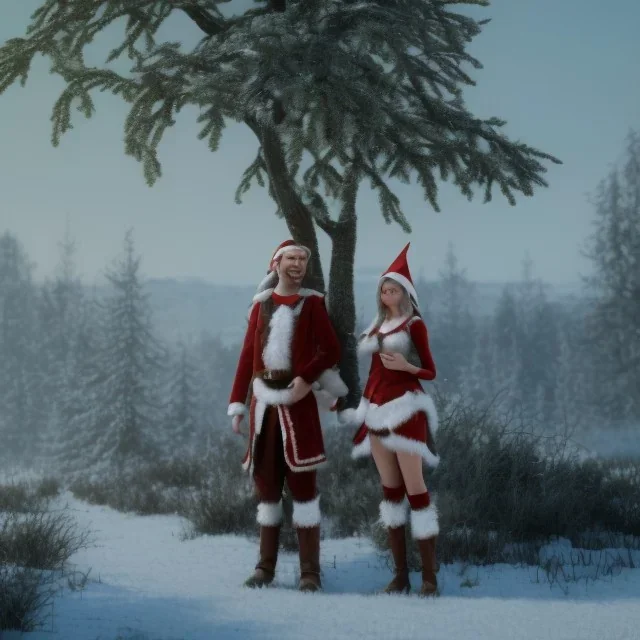 two elves. woman and man. Christmas scene. photorealistic. low-key